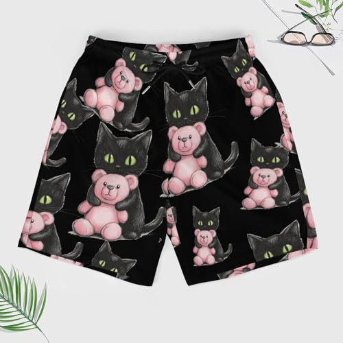 Black Cat Friend Teddy Bear Beach Shorts for Men Swim Trunks Quick Dry Swim Shorts with Compression Liner Pocket3