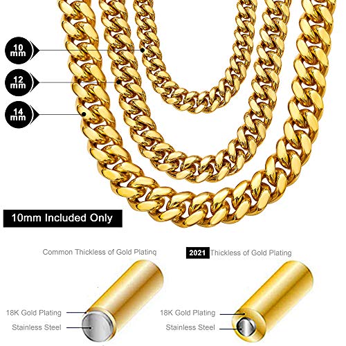 Granny Chic Cuban Link Chain Necklace Or Bracelet With Bling Bling Cubic Zirconia Iced-Out Clasp For Men Boys 10Mm 18K Gold Stainless Steel Hip Hop Miami Curb Chains(10Mm, 16") #TOP4