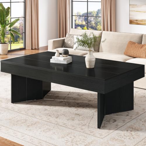 LVB 47" Rectangle Coffee Table, Black Wood Coffee Tables for Living Room