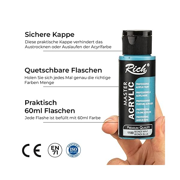 Rich Master Acrylic 24 Acrylfarben Set 60ml, Reichhaltige Pigmentfarben Bastelfarben für Leinwand, Holz, Keramik… – Bild 4