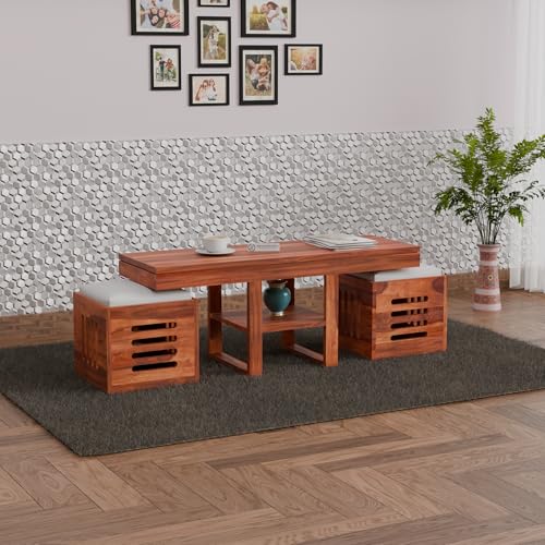 Image of Jangid Handicraft Sheesham Wood Coffee Table with 2 Stool | Wooden Rectangle Sofa Centre Table with Stool | Tea Center Table with 2 Stools for Living Room | Patio Teapoy Table with Two Puffy, Honey