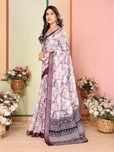 Image of Sidhidata Women's Cotton Linen Blend Lining Digital Printed Saree With Unstitched Blouse Piece (Linen Lining Saree)