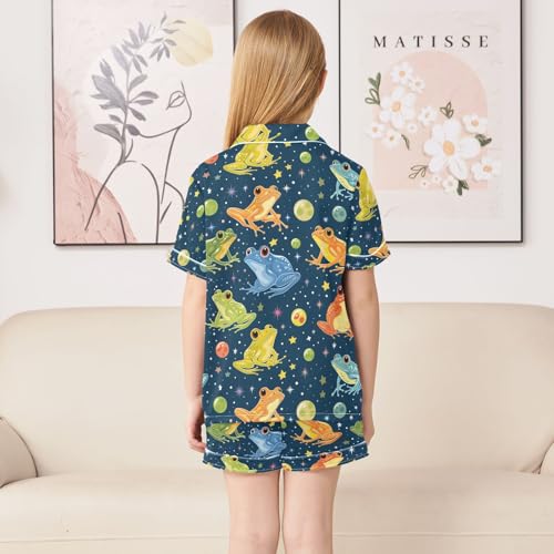 ALAZA Colorful Frog Ball Star Pajamas Satin Pajama Set Short Sleeve Button Down Sleepwear4