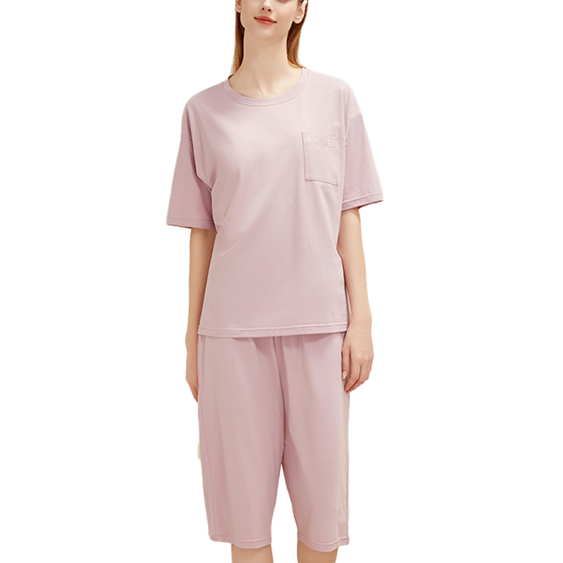 Generic Damska 2-częściowa piżama letnia modalna bawełniana piżama okrągły dekolt z gorsetem z krótkim rękawem,Lotus root pink,L