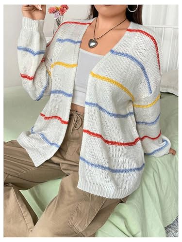 Image of Verdusa Women's Plus Size Striped Long Sleeve Open Front Loose Knitted Cardigan Sweater Beige Multi 1XL
