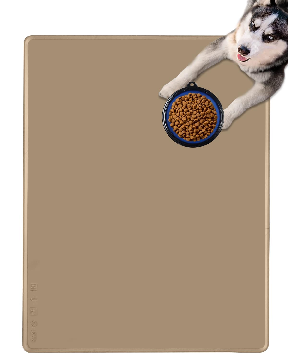 Hundefuttermatte für Futter und Wasser, wasserdichte Silikon-Haustier-Futtermatte für Böden mit zusammenklappbarem Katzen- und Hundenapf für Reisen, extra groß, 100 x 75 cm, Khaki
