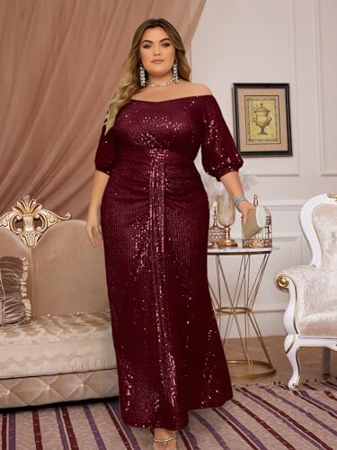 Image of Madam Uniq Women Plus Size Short Sleeve Sequin 1920s Dress Off Shoulder Maxi Formal Cocktail Wedding Party Evening Gown