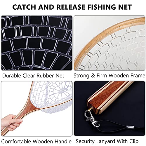 Fishare Fly Fishing Landing Net, Wooden Frame Fish Net With Clear Soft Rubber Mesh For Trout Fishing Catch And Release #TOP1