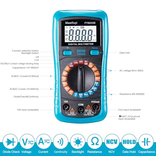 Mastfuyi FY8233E Digital Multimeter, True Rms 6000 Counts, Multi Tester, Ncv Electrical Tester, Backlit Lcd Display, Auto-Ranging Tests, Voltage, Current, Resistance, Continuity, Diode, Capacitance thumb #1