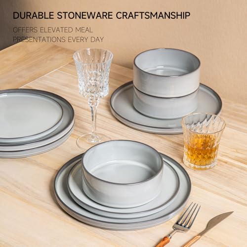 Image of Dinnerware Sets for 4, 12 pcs Reactive Glaze Plates and Bowls Sets, Gary | Large Size Modern Stoneware Dishes, Chip & Scratch Resistant, Dishwasher and Microwave Safe Tableware, Glossy