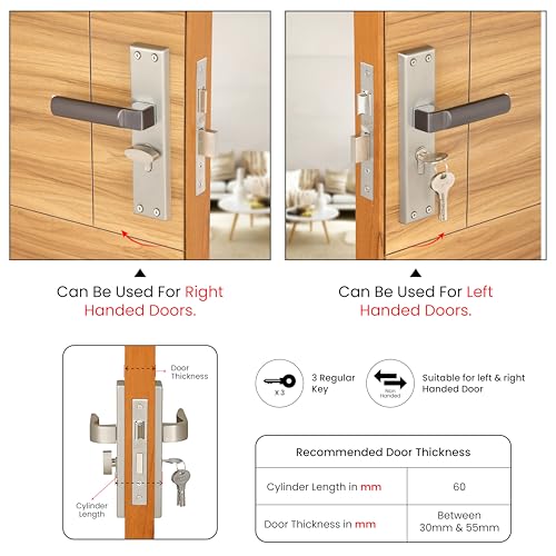 Image of LAPO Mortise Door Lock for Home Main Door & Bedroom with Handle | Heavy-Duty 60mm Cylinder | Left-Right Fit 30-50mm Door Home Office Hotel | 3 Brass Keys | 45x45mm Body | Matt Finish | CY-307