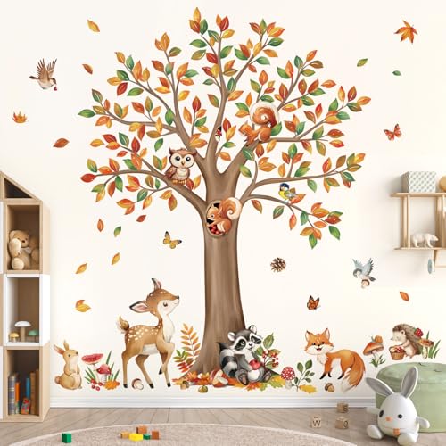 decalmile Stickers Muraux Grande Arbre Forêt Animaux Autocollant Mural Cerf Lapin Hiboux...