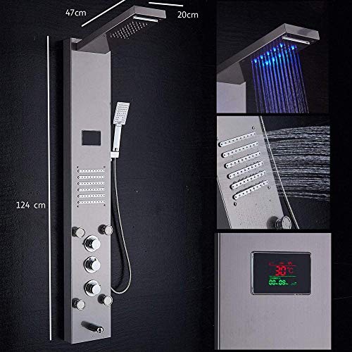 Panel de ducha LED de acero inoxidable con boquillas de masaje, ducha de lluvia y ducha de mano de acero inoxidable cepillado para bienestar de lujo y placer al ducharse miniatura 2