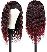 Red Headband Wig for Black Women Long Curly Burgundy Wig with Headband Attached 24 Inch 150% Dens...