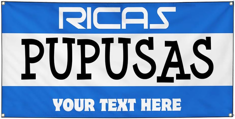 Custom Industrial Vinyl Banner Ricas Pupusas Personalized Text Outdoor Blue 4 Grommets 24x48Inches