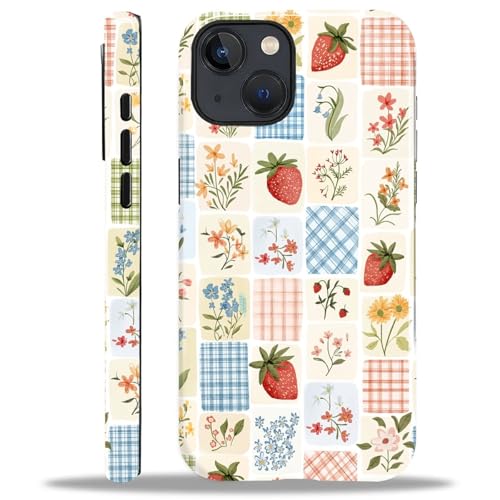 for iPhone 13 14 Case Cute - Dual-Layer Hard Shell + Silicone Cover - Aesthetic Protective Phone Case for Women Girls -Strawberry Floral Patchwork
