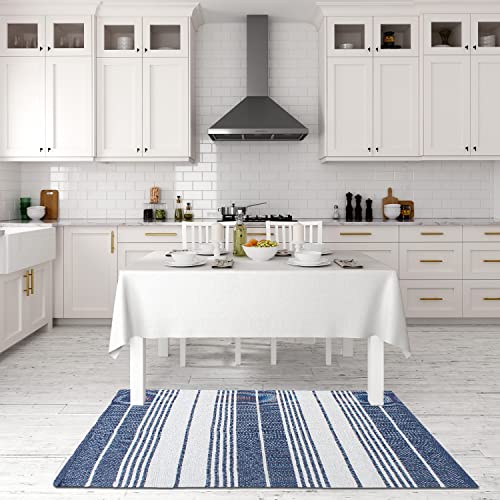 Asraie Hand Woven Cotton Striped Rag Rug | Cotton Reversible Rugs | Recycled Cotton Area Rug For Living Room Kitchen Entryway 2X3' (Navy Blue & White) #TOP2