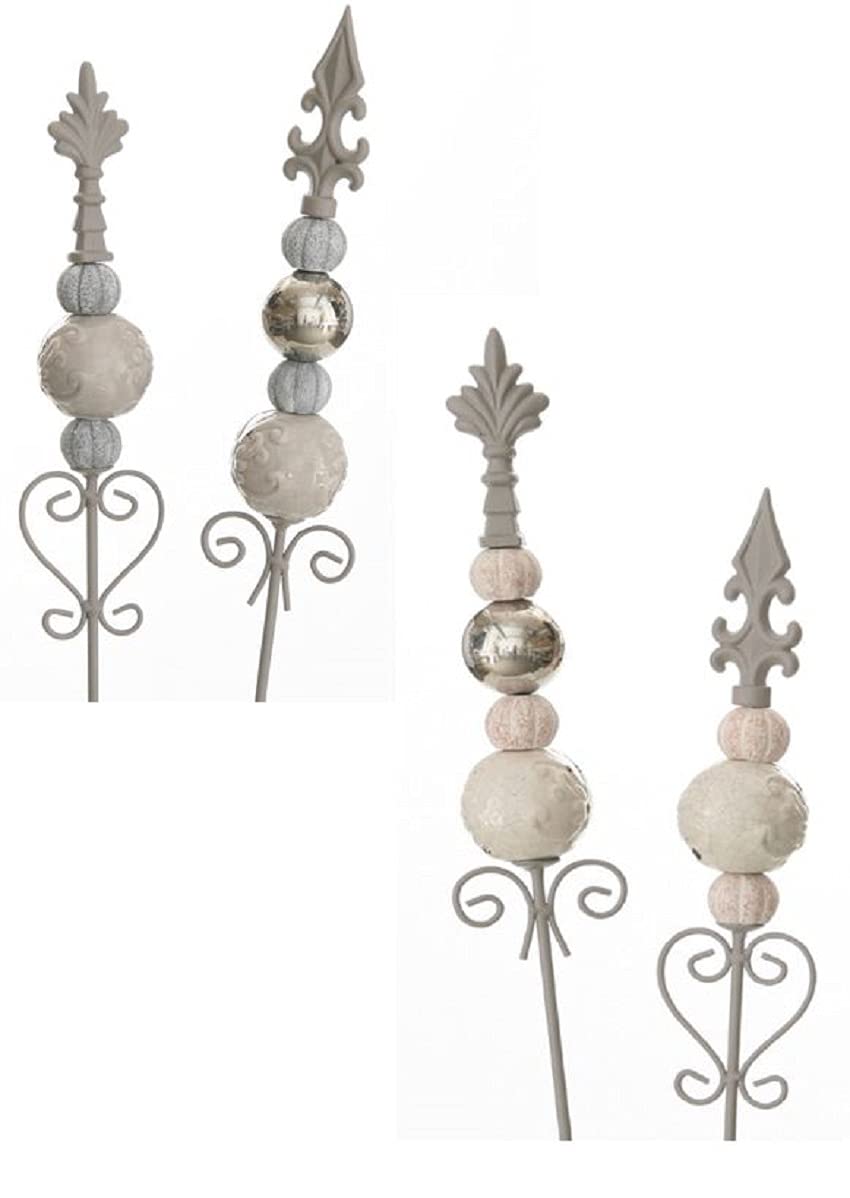 dekorativer Gartenstecker Motiv Lilie Metall hellgrau mit Keramik - Kugelornamenten im 2-er Set in 2 möglichen Farbvarianten hellgrau - taupe - silber oder creme-hellrose - silber (hellgrau - taupe)