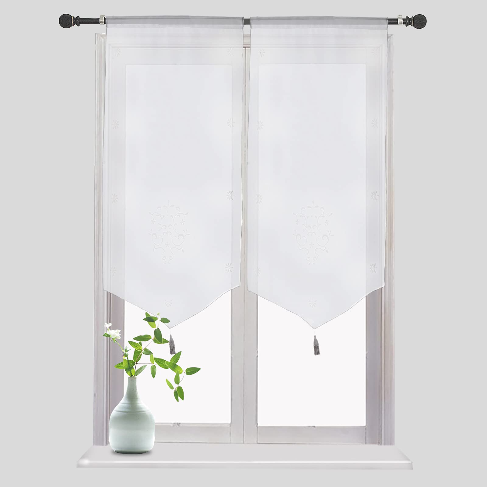 ACMHNC Rideau Voilage Brodé De Floral Rideau De Cuisine Court Rideau Brise-bise Transparent Décoration Demi Rideau Pour Salle De Bain Salon 1 Pièce,Blanc,W X H 150x30cm