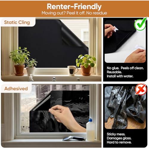 Image of SUNBABY Blackout Window Film, 100% Light Blocking for Daytime Sleep, Total Privacy & UV Sun Blocking, Static Cling No Glue Cover for Bedroom, Nursery, Home Theater, 35.4 x 78.7 Inch with 3 Tools
