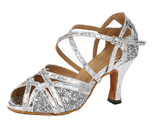TDA Women's Comfort Ankle Strap Glitter Silver Synthetic Salsa Tango Ballroom Latin Modern Dance Wedding Shoes 8.5 M US