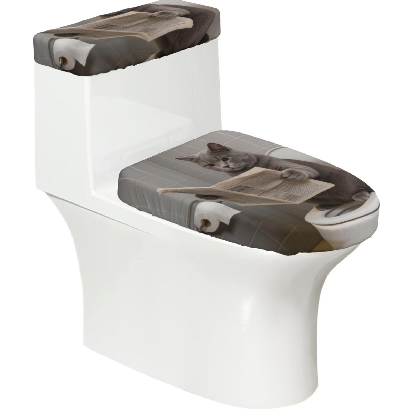 Cat On Toilet Elastic Toilet Cover Set of 2-Stretchy Lid and Tank Covers for Bathroom, Soft Washable U Shape Toilet Decor