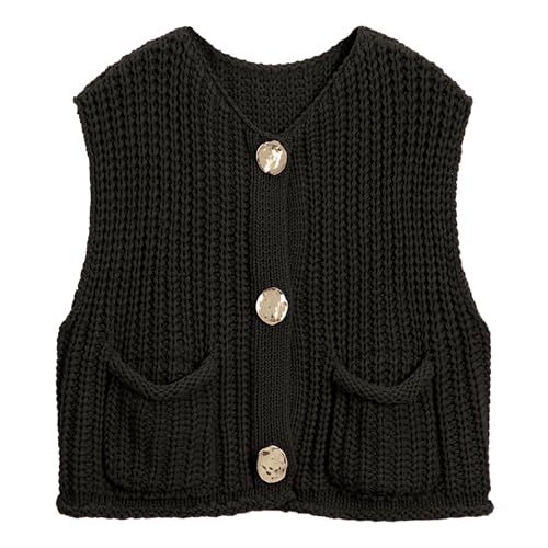 Image of Hixiaohe Womens Crochet Chunky Knit Top Sleeveless Button Down Crop Tops Trendy Cardigan Sweater Vest for Women with Pockets