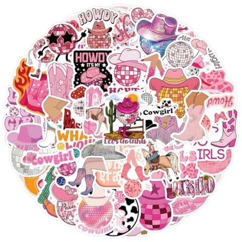55pcs Disco Cowgirl Stickers for Girls,Pink Disco Party Decor,Western Cowgirl Aesthetic Waterproof Stickers for Water Bottle Laptop Skateboard Pink Preppy Decor for Teen Girl Bedroom Decor Cover