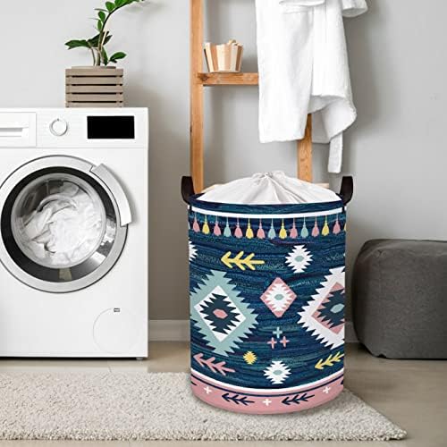 Clastyle Boho Abstract Sea Blue Laundry Hamper Geometric Round Clothes Storage Basket for Bedroom, 45L
