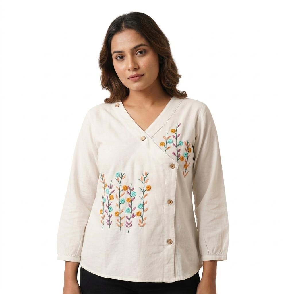 hitarth fashion Women Off-White Floral Embroidered Casual Top with 3/4 Sleeves Khadi Cotton-picture-22