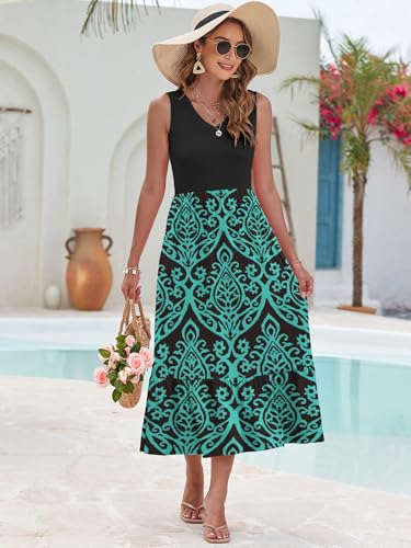 Image of AUSELILY Womens Summer Maxi Dress Casual Sleeveless V Neck Floral Dresses | A line shape with practical side pockets, Vacation dress for resort walks, Pair with low heels and simple jewelry