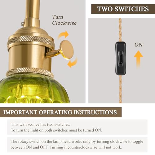 Image of Plug-in Wall Sconce (Set of 2), Vintage Wall Decorative Lamp with Green Glass Shade, Indoor Brass Plug-in Wall Sconce for Bedroom, Living Room, Bathroom, Hallway