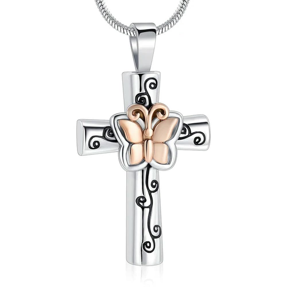 Pendentif urne croix papillon pour garder les cendres de votre ange