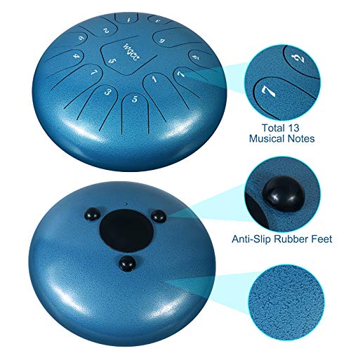 Steel Tongue Drum, 13 Notes 12 inches Hand Tongue Drum Percussion Instrument Lotus Pan Drum with Drum Mallets Carry Bag (Blue) - Thumbnail 6