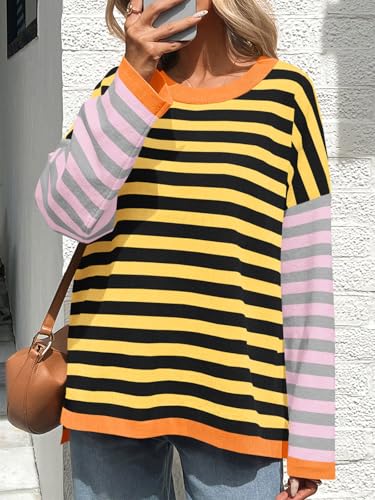 Image of Saodimallsu Womens Striped Oversized Sweaters Color Block Crew Neck Long Sleeve Loose Knit Pullover Sweater