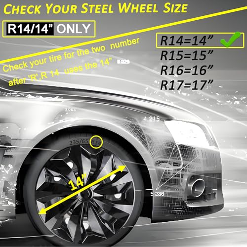 Image of Hubcaps Wheel Cover Replacement Size R14 Hub Cap Universal-Fit Steel Wheels Rims Cover ABS Tire Caps for Most Car Truck Sedan SUV -Set of 4(14-inch,Black)