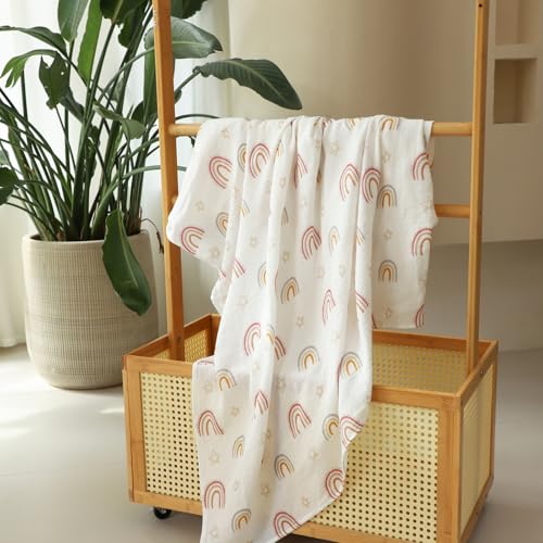 Image of insular Muslin Swaddle Blankets for Boys Girls, 2 Pack Receiving Baby Blanket Large 47 x 47 inches, Soft Breathable Swaddling Wrap for Unisex Newborn, Floral&Rainbow