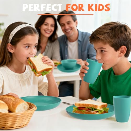 Image of Wheat Straw Dinnerware Sets for 4, 20 PCS Unbreakable Lightweight Kids Plates and Bowls Sets, Dishwasher Microwave Safe Dinnerware Set, Perfect for Kitchen Dorm Camping Outdoor - Green