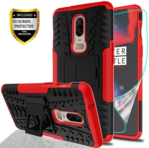 YmhxcY Oneplus 6 Phone Case with HD Screen Protector,Military Armor Drop Tested [Heavy Duty] Hybrid Case with Kickstand for Oneplus 6 2018-LT Red
