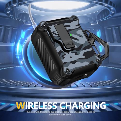 Image of RFUNGUANGO for Airpods 2nd and 1st Generation Protective Cases Automatic Pop-up with Safety Lock Clip, Full Body Shockproof Hard Case with Keychain (Cleaning Tool)-Black Camouflage