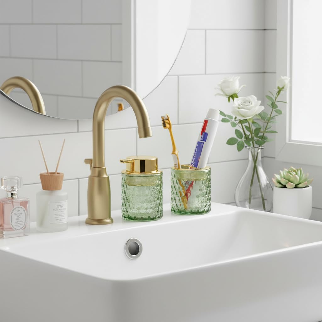 Juego de accesorios de baño de vidrio grueso, soporte dorado para cepillo de dientes y pasta de dientes, dispensador de jabón espumoso y soporte para cepillos de dientes, bonito organizador de