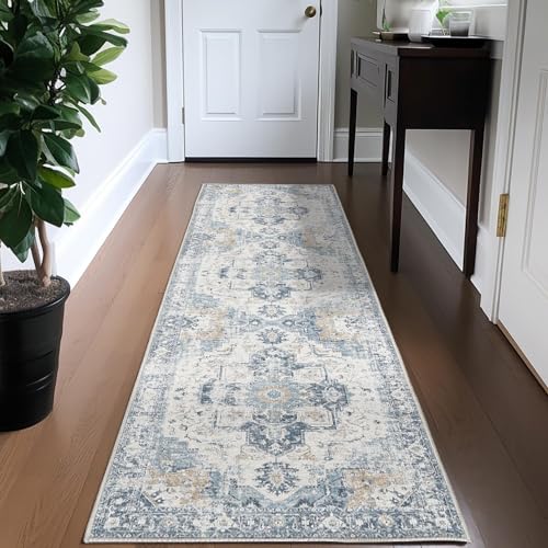 TOPICK Blau Läufer Flur Floral Teppich Waschbar Superdünne Vintage Blumenteppich Kurzflor...