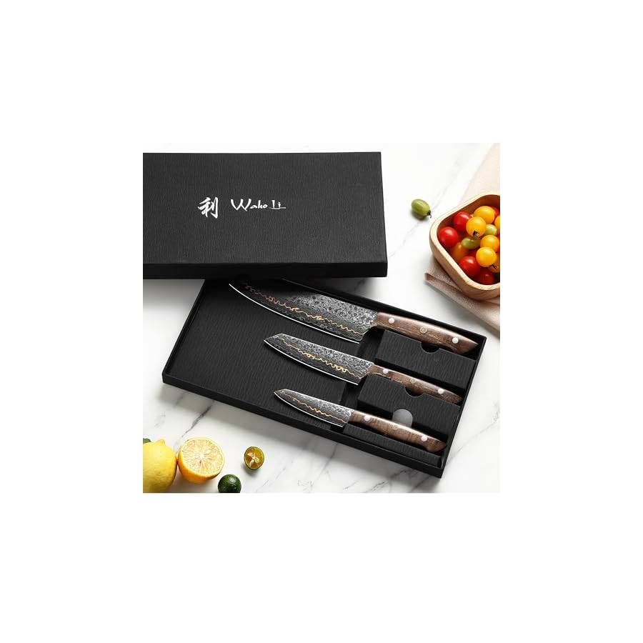 Wakoli-Damascus-Kitchen-Knife-Set-3-Piece-Professional-Chef-Knife-Set-made-from-67-Layers-of-Damascus-Steel-with-Copper-Inlay-Knives-Set-for-Kitchen-with-Maple-Stabilized-Wood-Handle-Kawa-Series Wakoli Damascus Kitchen Knife Set, 3-Piece Professional Chef Knife Set made from 67 Layers of Damascus Steel with Copper Inlay, Knives Set for Kitchen with Maple Stabilized Wood Handle (Kawa Series)