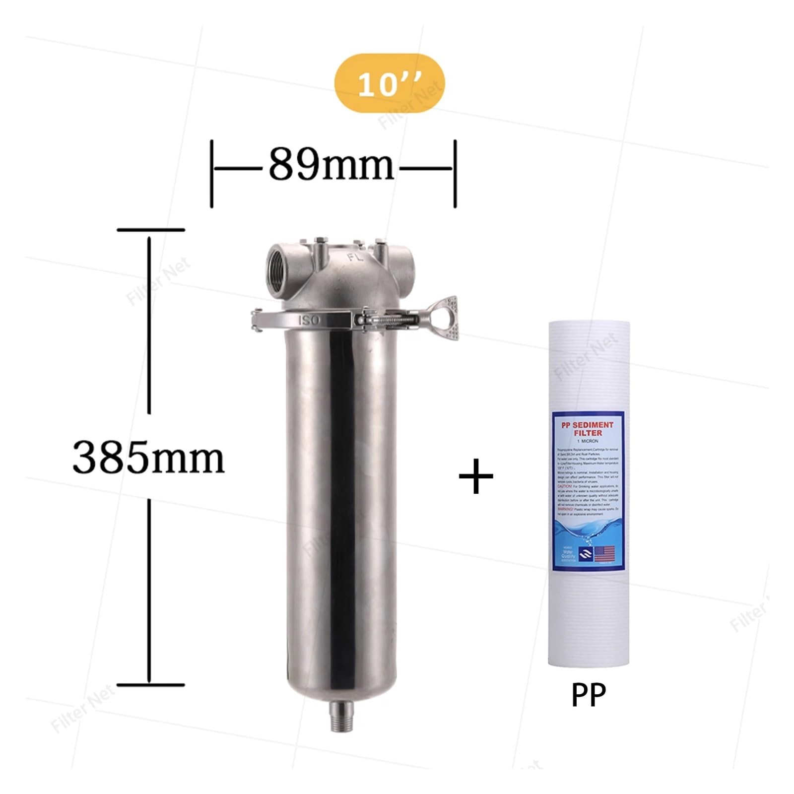 Carcasa de filtro agua acero inoxidable 304 10Kg for cartuchos 10''L, entrada y salida 3/4 pulgadas Npt con soporte(10clamp dn15 withPP)