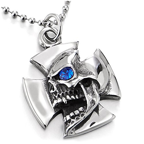 Collier biker tête de mort et zircon bleu pour vos sorties moto