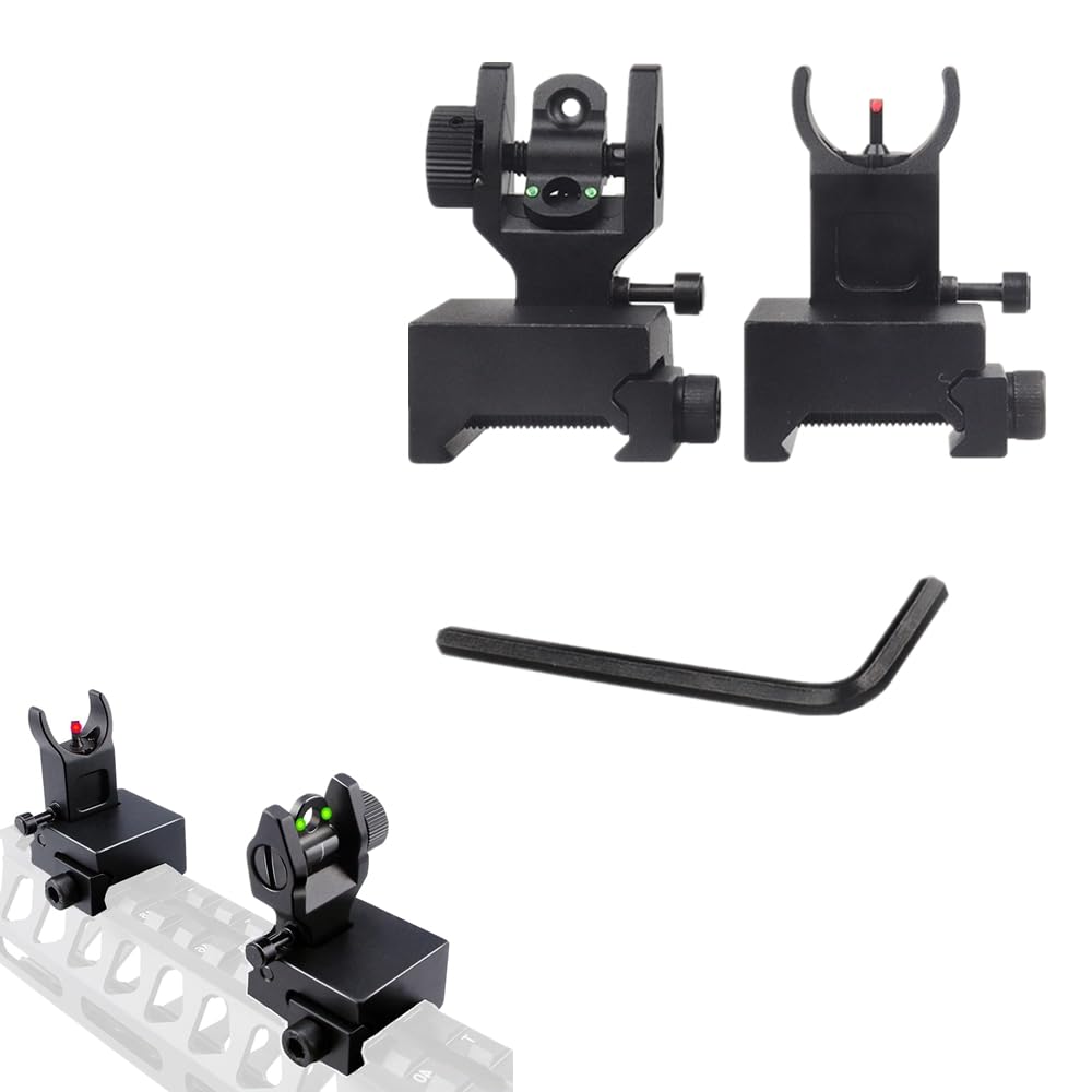 Front and Rear Folding Fibre Optic Iron Sight Set for 21mm Picatinny Rails For Rifle Scope Tactical