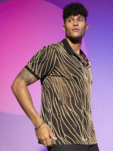 WDIRARA Men's Marble Print Glitter Mesh Sheer Collared Short Sleeve Tee Top Striped Party T Shirt3