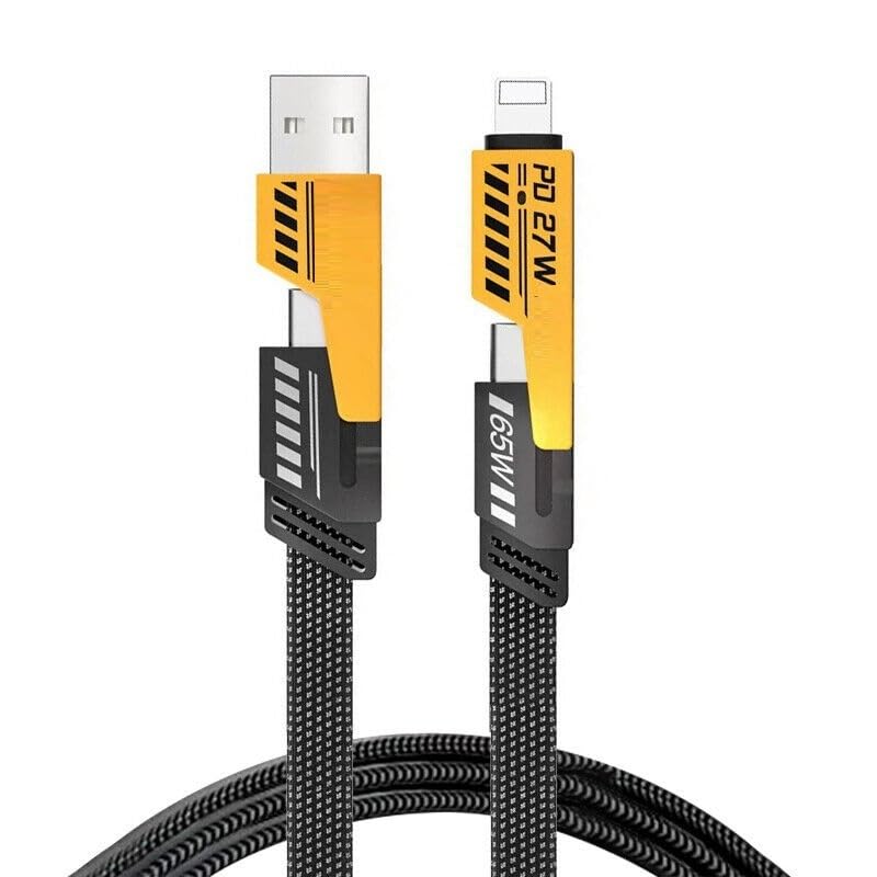 Punnkk 4 in 1 Metal Flat Braided Indestructible Cable 1m 65W/ PD 27W with lightning to type C, type C to C, Lighting to type A compatible for iPhones, iPads, Macbooks, Type C Laptops