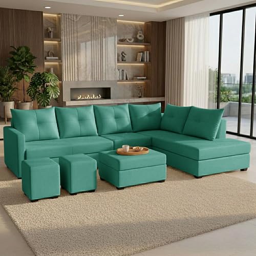 Image of Wood 8 Seater Sofa Set with Ottoman & Stools | Velvet Fabric Upholstery | Modern L Shape Wooden Frame Couch for Living Room, Home & Office (Green)