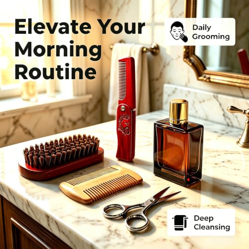 Image of Beard Brush Set for Men | with 100% Boar Bristle Black Walnut Wood Beard Brush, Foldable Beard Brush, Foldable Scissors, Beard Comb